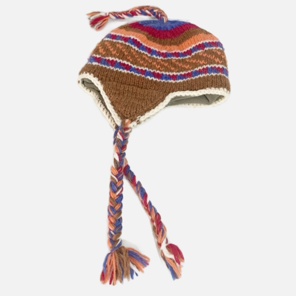 Unbranded Made in Nepal Wool Print Hat with Pom Pom and Braided Side Tassles